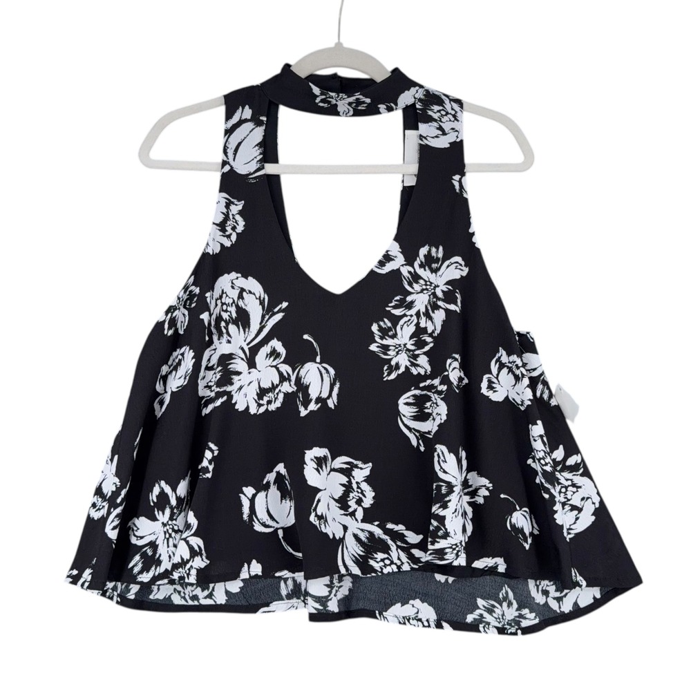 the impeccable pig Floral Choker Neck Cutout Tank‎ Top Black White S
